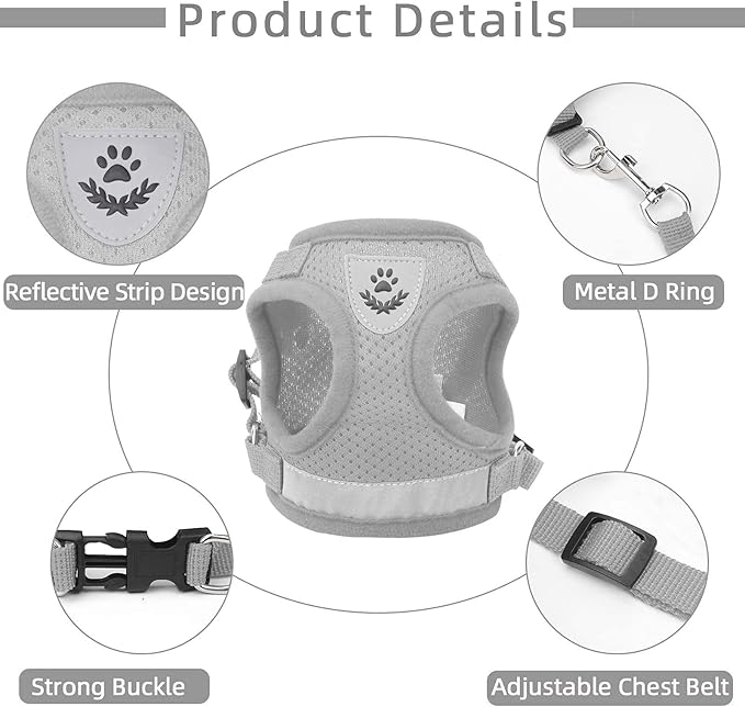 Gray X-Small Adjustable Breathable Reflective Harness for Small Cats and Dogs