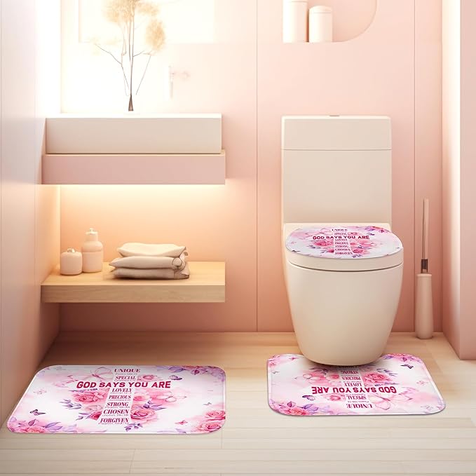 4 Pcs Pink Butterfly Inspirational Quotes Shower Curtain Set with Rugs and Toilet Lid Cover, Waterproof Fabric Bathroom Set for Women Girls, Bible Verse Floral Bathroom Decor with 12 Hooks