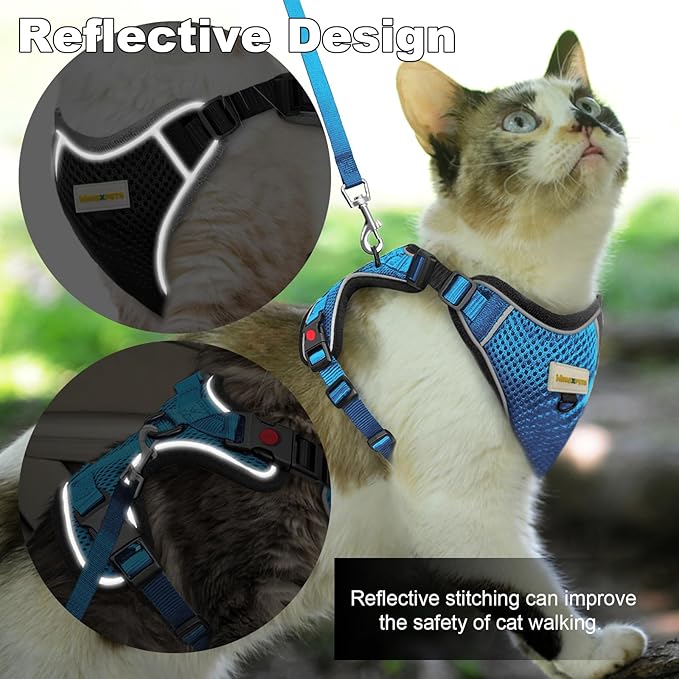 Cat Harness and Leash for Walking, Retractable Cat Harnesses and Leash Set Escape Proof, Breathable Soft Kitten Harness Small Large Cat Harness for Travel Training and Walking, Blue, M