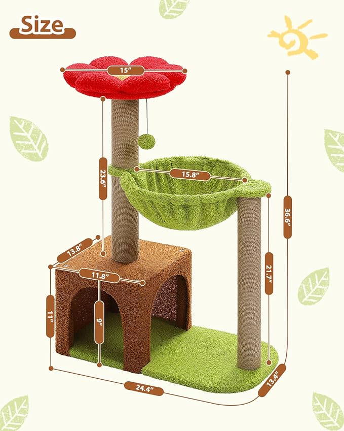 Flower Cat Tree with Sisal Scratching Posts, 35" Cute Cat Tower with Large Green Hammock for Small Indoor Cats, Cat Condo with Removable Flower Bed for Kittens, Brown