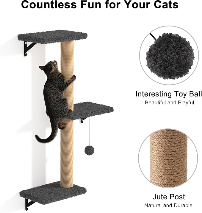 FUKUMARU Cat Wall Shelves, Stable & Safe 4 in 1 Large Cat Wall Furniture Set, Wooden Cat Climbing Wall with Scratching Post for 16 Inch Drywall - Gray