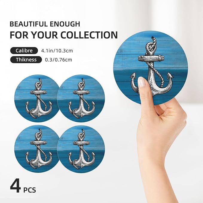 Anchor Coasters for Drinks, Set of 4, 4 Inch Wooden Background Absorbent Diatomite Ceramics Nautical Coasters for Coffee Table with Cork Base Tabletop Protection Suitable for Dining Desks Restaurants