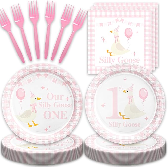 48Pcs One Silly Goose Birthday Decor Girl, Pink Silly Goose Birthday Baby Shower Party Decorations with Forks Paper Plates and Napkins Set Supplies