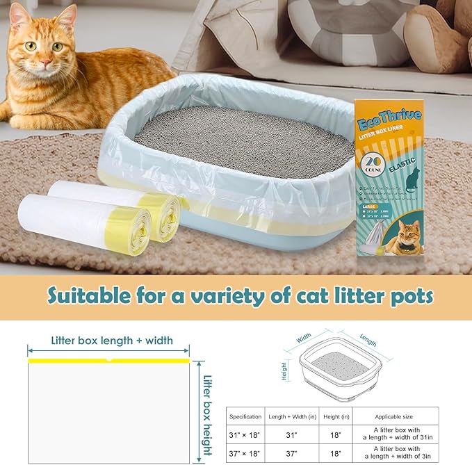 20 Count Cat Litter Liners Large, Drawstring Extra Large Pet Cat Pan Liners Extra-Thick Kitty Litter Box Bag- (large 37" x 18")