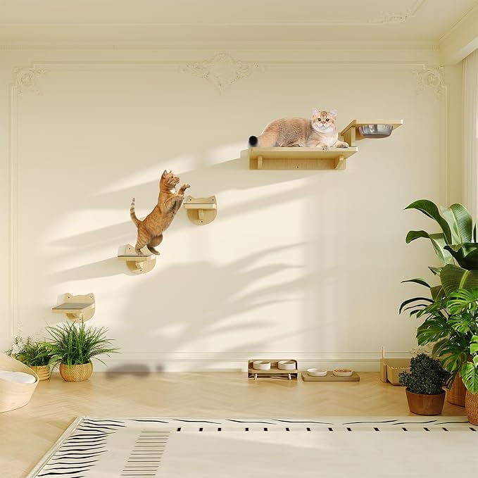 MeowHomm Cat Wall Shelves, Wood Cat Wall Furniture with 3 Cat Wall Steps, Cat Feeding Shelf with 2 Cat Food Bowls, Wooden Cat Bed Furniture Wall Mounted