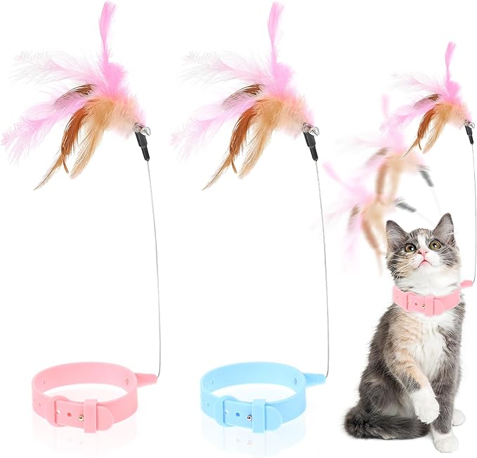 2Pcs Cat Collar Toy, Adjustable Cat Feather Neck Collar Toy Cat Teasing Wand with Silicone Collar, Funny Cat Stick, Interactive Self Playing Toys Bell for Indoor Cat Playing Small Animals(Blue, Pink)