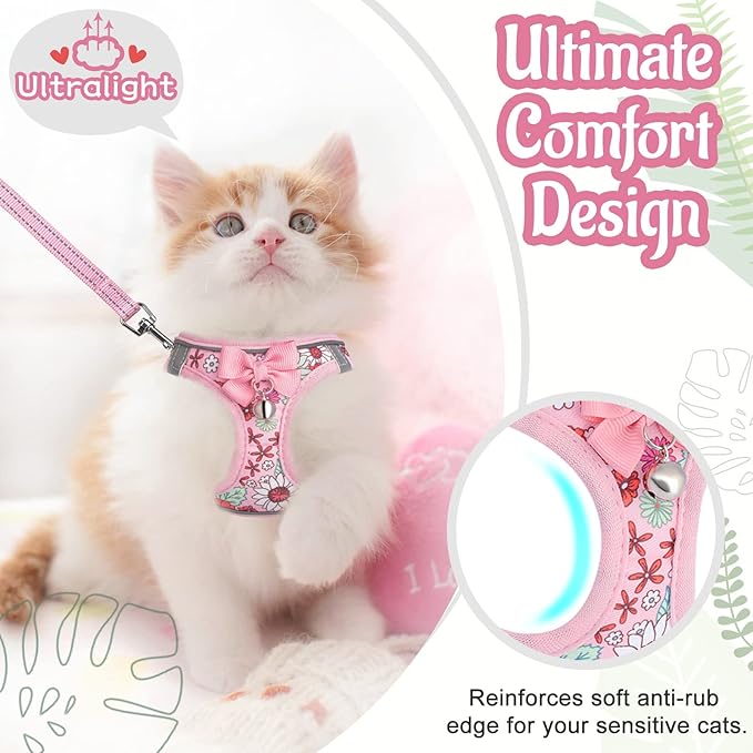 Cat Harness and Leash Escape Proof for Walking, Adjustable Soft Kitten Harness with Reflective Straps Step in Cat Vest Harness for Small Kitten and XS Dogs (Pink, XXS-Chest(8.7"-10.2"))