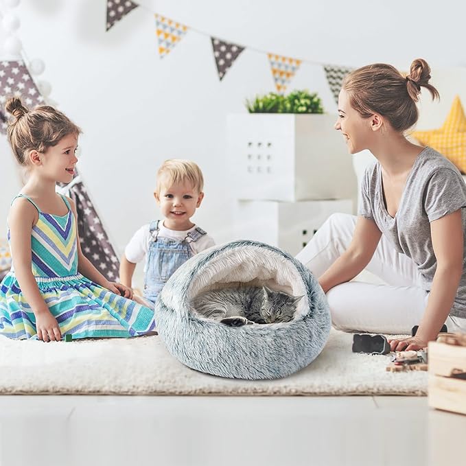 CATISM Cat Bed, Plush Hooded Cat Beds for Indoor Cats, Calming Cat Nest, Self Warming Cat Bed Cave, Cozy Cat Pod for Indoor Cat or Small Dog, Removable Washable Cat Cove with Non-Slip Bottom