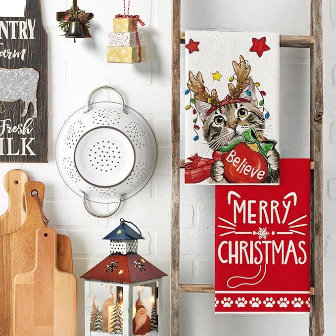 Artoid Mode Red Cat Merry Christmas Kitchen Towels Dish Towels, 18x26 Inch Star Xmas Ball Believe Daily Winter Decoration Hand Towels Set of 2