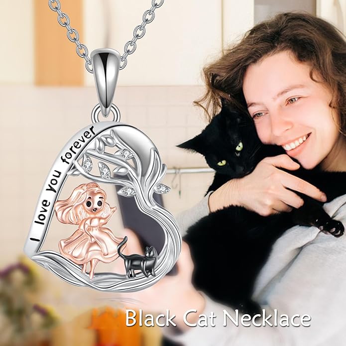 Alice in Wonderland Necklace Sterling Silver Alice Rabbit/Cat Heart Pendant I Love You Forever Jewelry Gift for Women
