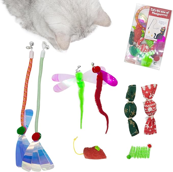 8 Pcs Christmas Cat Toy Box for Cats, Including 2 Cat Wand Refills, 2 Catnip Kicker Toys Red/Green, 1 Cat Mouse Toy, 1 Cat Spring Toy, 2 Worm Cat Teaser Toys for Indoor Cats