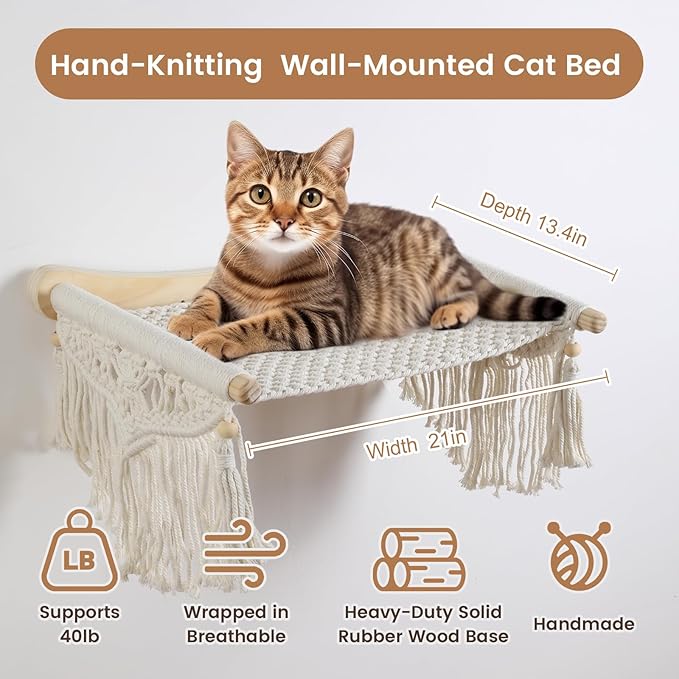 Cat Wall Shelves & Hammock - Comfy Cat Beds with Window Perch for Indoor Fun, Durable Wood & Macrame Cotton Ropes (21.6 * 11.8 Inches) for Sleeping & Climbing