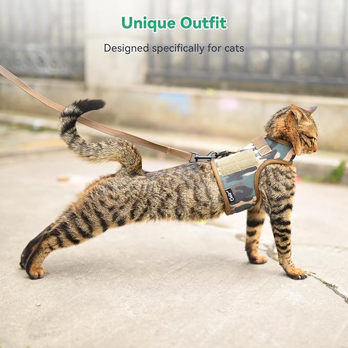 Tactical Cat Harness and Leash for Walking Escape Proof Breathable Mesh Fabric, Jungle Camo, Medium, Adjustable Cat Walking Jackets, Padded Stylish Cat Vest
