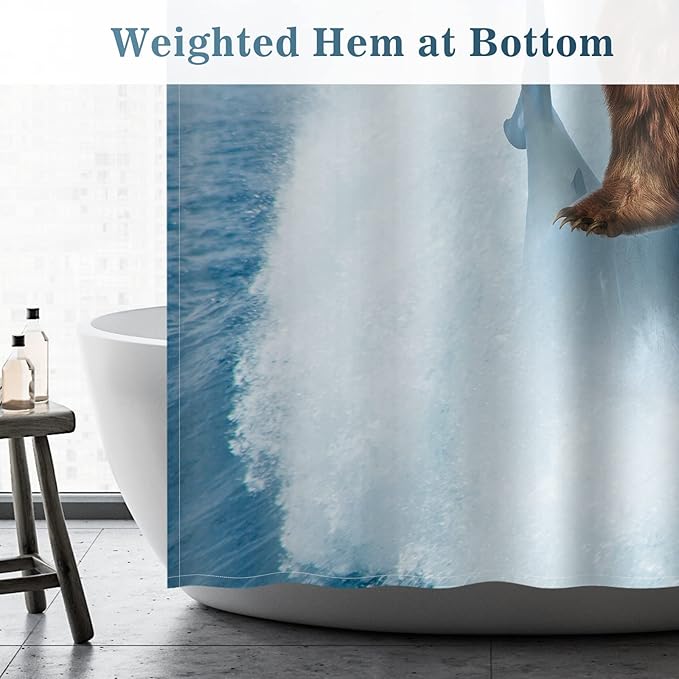 Aimego Extra Long Shower Curtain - Funny Cool Bear Riding Shark Crazy Ocean Wave Fabric Cloth Shower Curtain Set with 12 Hooks Adults Bathroom Decor Accessories Bathtub Curtain, 72"x84", Blue Brown