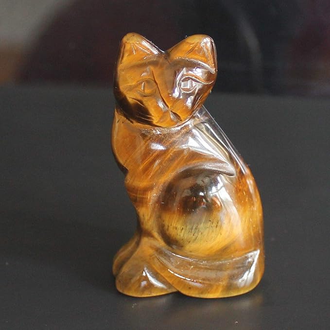 2‘’ Hand Carved Mixed Gemstone Crystal cat Figurine Animal Carving (Golden Tiger Eye)