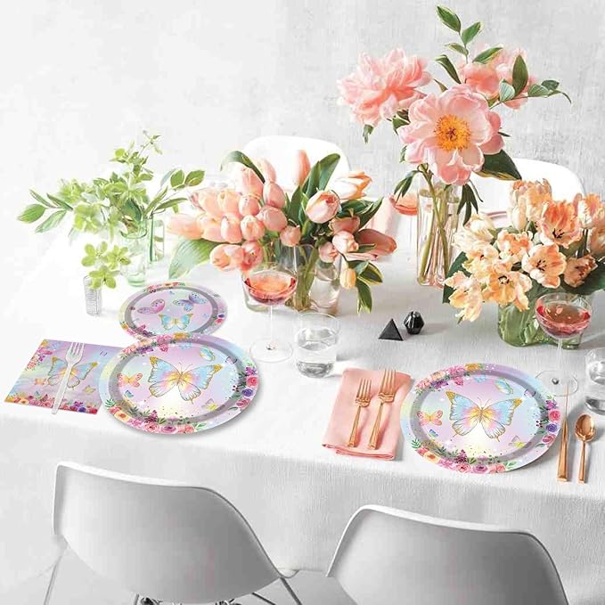 96PCS Butterfly Party Decorations Flower Fairy Birthday Tableware Flower Paper Plates Butterfly Plates Napkins Dinnerware for Baby Shower Party Supplies, Serves 24