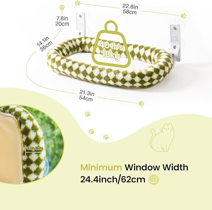 Mewoo Cat Window Perch, Cordless Cat Window Hammock with 4 Strong Suction Cups, Embeded Cat Hammock for Window, Steel Frame and Removable Soft Cover (Green, Medium)