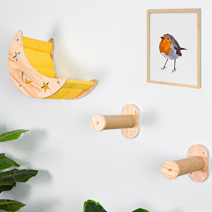 Wall Cat Bed Moon, Cat Hammock Wall Mounted Shelf with 2 Steps Cat Climbing Shelf and Sisal Cat Rope Scratching Post Cat Wall Furniture Cat Bridge Ladder Wooden Indoor Cat Wall Bed-Moon Set