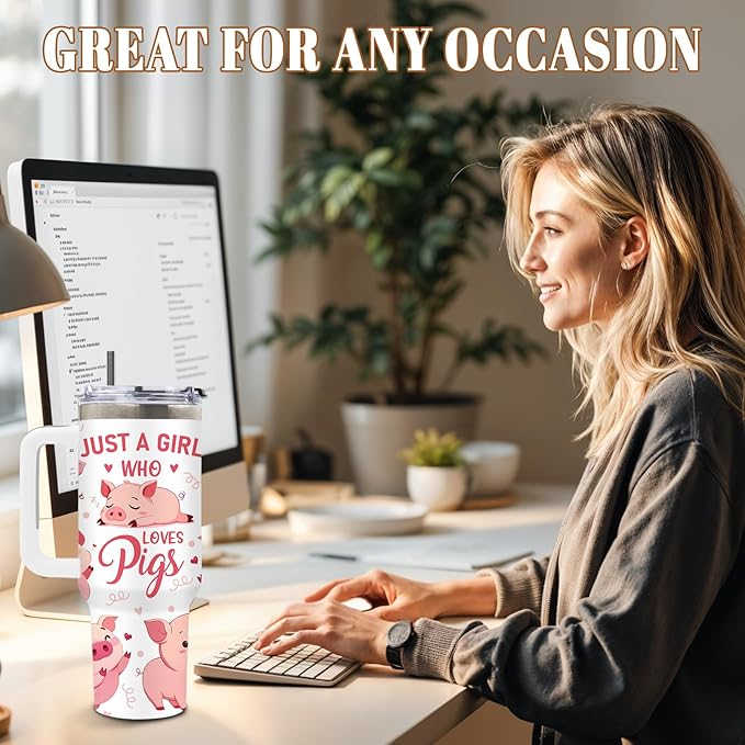 40 Oz Pig Tumbler with Handle and Straw, Just A Girl Who Loves Pig Tumbler, Cute Stainless Steel Insulated Tumblers for Women, Birthday Mothers Day Gifts for Animal Lovers Women