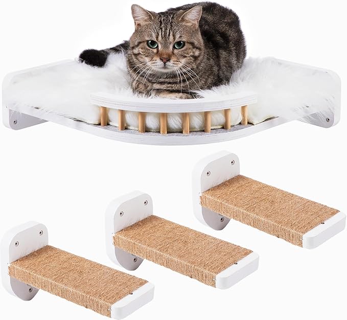 Cat Wall Shelves, Corner Cat Shelf with 3 Cat Wall Steps, Cat Shelves for Wall Large Cats Set, Cat Wall Bed with Plush Covered, Wall Mounted Cat Climbing Shelf for Indoor Cats (White)