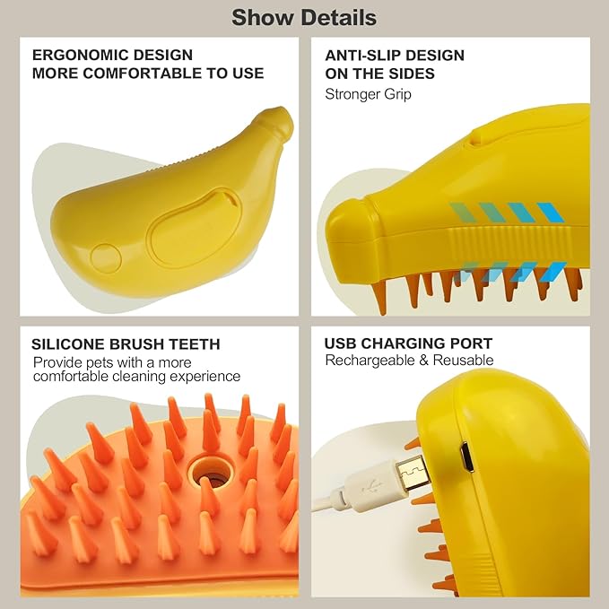 3in1 Cat Steam Brush,Multifunctional Rechargeable Cute Steamy Pet Brush for Short Or Long Hair Cats/Dogs To Massage/Clean/Eliminate Flying&Tangled Hair With USB Cable-Yellow Banana