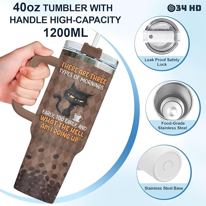 34HD Black Cat Tumbler with Handle & Straw, 40oz Vacuum Insulated Coffee Travel Mug, Black Cat Gifts for Men Women Birthday Halloween Christmas, Funny Gifts for Night Owls Coffee Lovers