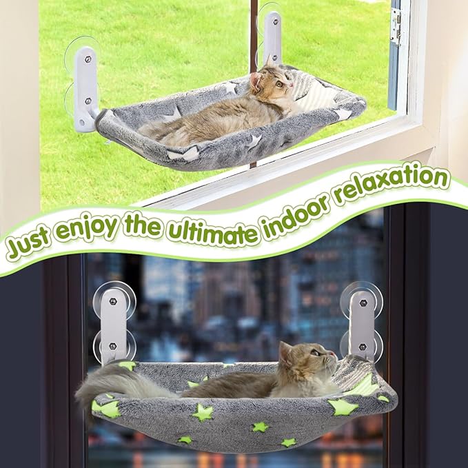 2PC Cat Window Perch, Glow in The Dark Cordless Foldable Cat Hammock Bed for Window with Sturdy Metal Frame, Stars Pattern Window Resting Seat for Indoor Cats (Stars Cat Bed, M-2PC)