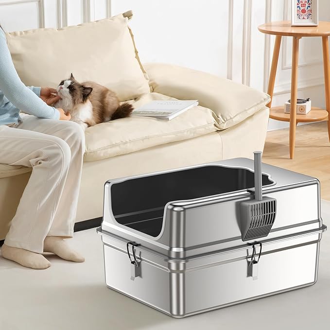 All-Metal Extra Large 28" x 20" Litter Box Pan for Big Cats Maine Ragdoll Metal Large Enclosed Stainless Steel Litterbox with Metal Lid + Litter Scoop, Non-Sticky, Anti-Leakage, Easy Cleaning