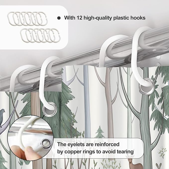 AWERT Cute Shower Curtain with Hooks Green Forest Shower Curtain with Wild Animals Bear Moose Deer Fox Deor Bathroom 72x72 inch