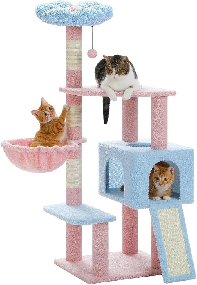 Flower Cat Tree 47.2" Multi-Level Cat Tower with Sisal Covered Scratching Posts, Cute Cat Condo for Indoor Small Medium Cats, Pink Top Perch, Ramp, Fluffy Ball, Blue
