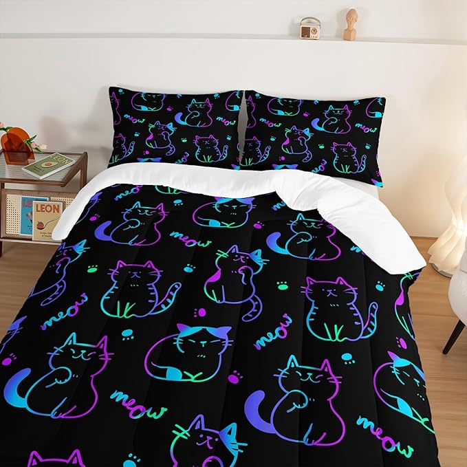 3D Neon Cat Kids Comforter Set,Gradient Line Cat Toddler Comforters Twin Size for Teens Kids Boys Girls Room Decoration,Black Kawaii Bedding Sets with 2 Pillowcases.
