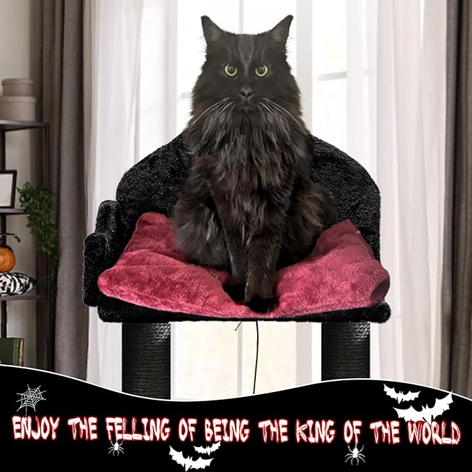 Gothic Cat Tree, 48in Black Cat Tree with Throne Bed, Cat Condo,Scratching Posts, Spooky Goth Cat Tree for Indoor Cats, Gothic Cat Tower
