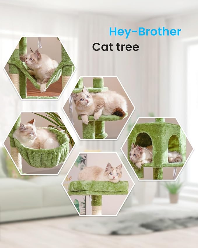 Hey-brother Cat Tree with Large Hammock, Multi-Level Cat Tower for Indoor Cats, Cat Condo with Sisal-Covered Scratching Posts and Top Perch, Green MPJ050GR