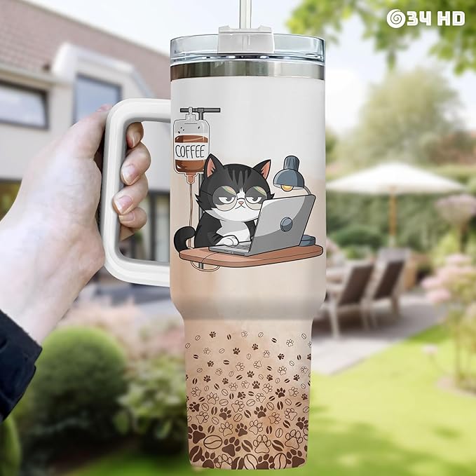 34HD Tuxedo Cat Tumbler 40oz Stainless Steel with Handle and Straw, It's Fine I'm Fine Mug, Funny Cat Travel Mug, Mothers Day Gifts for Tuxedo Mom
