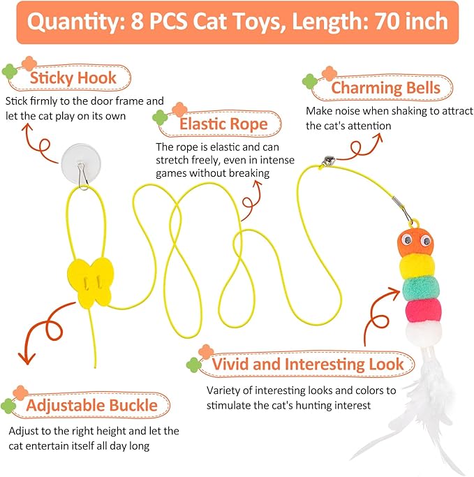 8PC Interactive Cat Toy Cat Feather Toy, Hanging Cat Toy Cat Door Toy Retractable Cat Teaser Hunting Toy, Door Hanging Kitten Mouse Toy Door Frame Hanger for Indoor Cat Mental Physical Play