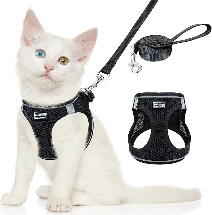 Cat Harness and Leash Set for Walking Escape Proof,Adjustable Soft Mesh Kitten Harness with Reflective Strip for Small Cats, Easy to Control