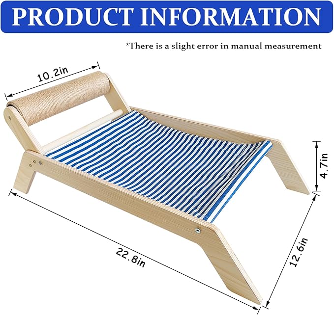 Beach Chair Cat Hammock with Scratch-Roller, Natural Solid Wood Elevated Cat Beds for Indoor Cats, Cozy Cat Lounge, XL-Wooden Beach-Sling-Chair for Kittens and Large Adult Cats, 23.6”×11.8”×7.9”