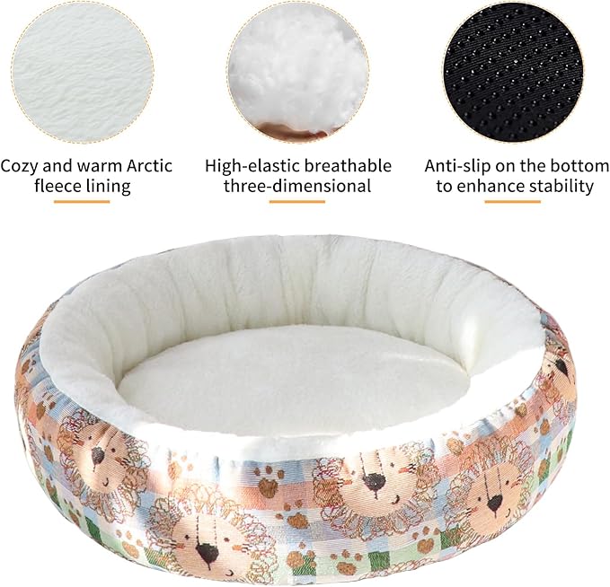 Circular Calming Dog & Cat Bed Anti-Anxiety Plush Dog Bed Washable Pet Bed with Anti Slip Backing Donut Cuddler with Cute Jacquard Patterns for Cat and Small Puppy 30" (Small, Lion)