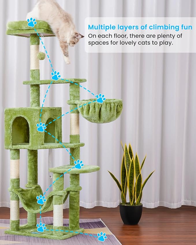 Hey-brother Cat Tree with Large Hammock, Multi-Level Cat Tower for Indoor Cats, Cat Condo with Sisal-Covered Scratching Posts and Top Perch, Green MPJ050GR