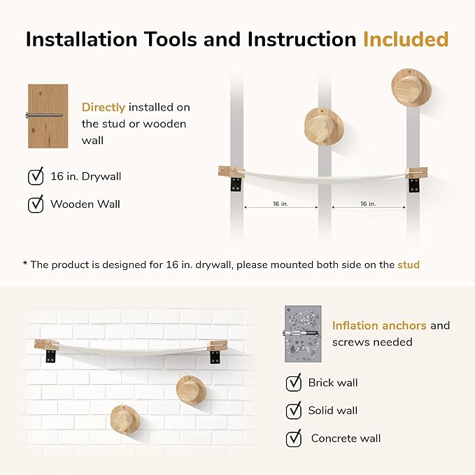 FUKUMARU Cat Wall Furniture, 2 PCS Cat Wall Climbing Shelves Set, Solid Rubber Wood Cat Shelf, Cat Shelves and Perches for Wall Sleeping, Playing, Climbing and Lounging, 16 inch Drywall Installation