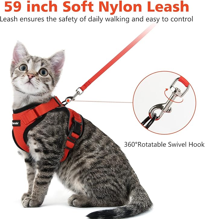 Dooradar Cat Harness and Leash Set, Escape Proof Safe Adjustable Kitten Vest Harnesses for Walking, Easy Control Soft Breathable Mesh Jacket with Reflective Strips for Cats, Reddish Orange, S