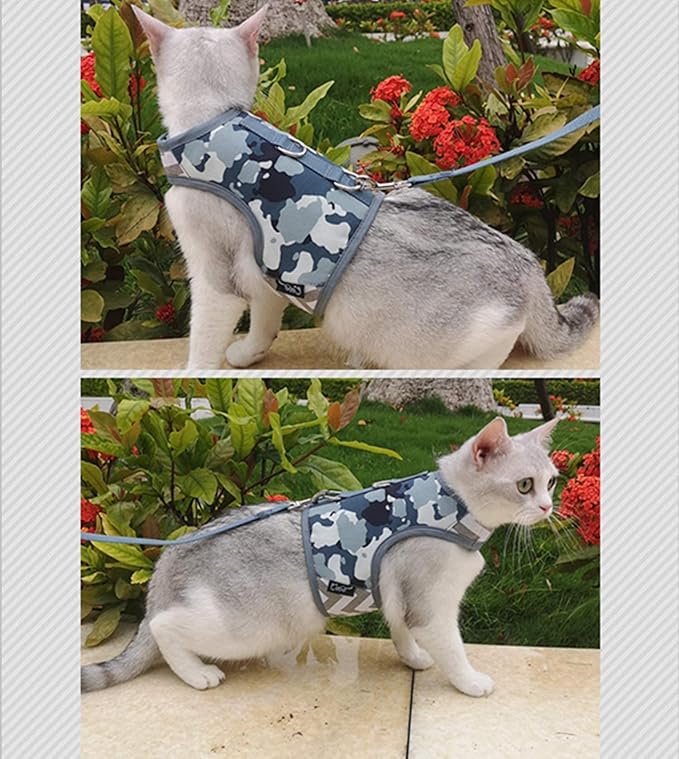 Cat Harness and Leash for Walking Escape Proof, Adjustable Cat Vest Harness, Padded Stylish Cat Walking Jackets, Grey Camo, Small