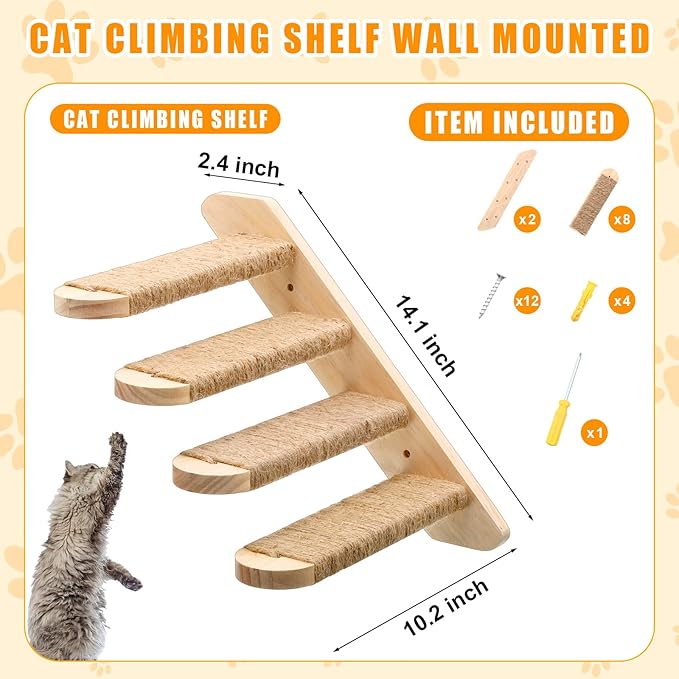 2 Pack Cat Climbing Shelf Wall Mounted Wood Cat Stair Cat Climbing Ladder 4 Step Cat Stairway with Jute Scratching Reversible Cat Wall Furniture for Cats Perch Platform Play Jump Climber Supplies
