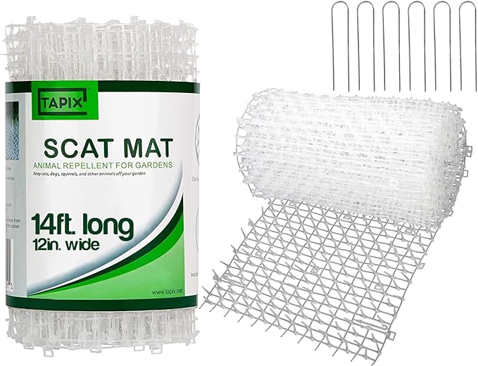 Cat Scat Mat Clear (14 ft.) with 10 Staples, Anti-cat Network with Spikes Digging Stopper - Cat Deterrent Mat for Indoor and Outdoor