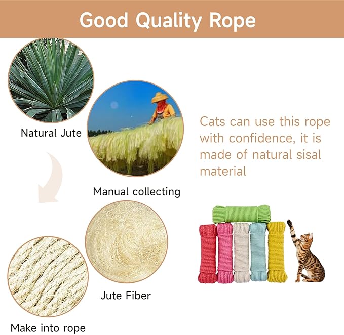 Multicolor Natural Hemp Rope, Cat Scratching Posts Replacement Rope,Repair and Replace Scratching Post cat Tree, 1/4" Rope Cat Scratch Post DIY Jute Twine,Come with a Play Ball.(164FT, White)