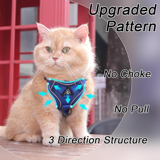 Cat Harness and Leash Set, Upgraded Escape Proof Adjustable Kitten Vest with Lead for Small Cat Outdoor Walking, Soft Breathable Mesh Jacket with Reflective Strips for Dark Night (S, Klein Blue)