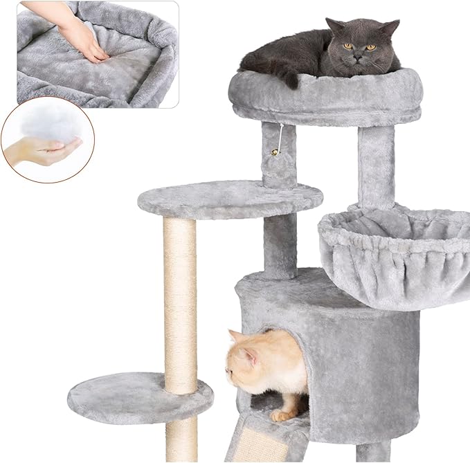 Hey-brother Cat Tree with Scratching Board, Cat Tower with Padded Plush Perch and Cozy Basket, Multi-Platform for Jump, Light Gray MPJ005W