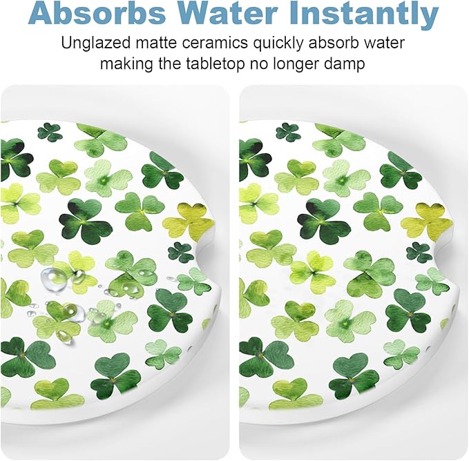 2 Pack Car Cup Holder Coaster, 2.63 inch Anti Slip Insert Absorbent Ceramic Car Coaster with Cork Base and Finger Notch, Cute Car Accessories Interior for Women, Cute Car Coasters., Clover