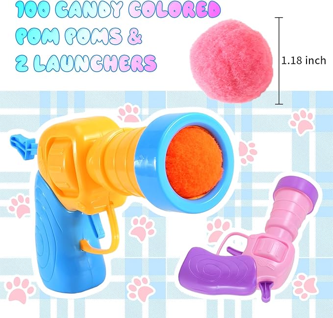 102Pcs Cat Ball Toy Launcher Gun，Cat Balls Fetch Toy - Includes 100 Colorful Plush Cat Balls and 2 Exciting Launchers Set，for Bored Indoor Adult Cats, Cute Kitten Kitty Toys