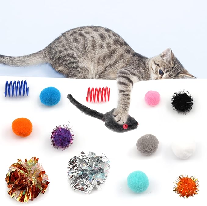 60 Packs Cat Toys Balls Set Spiral Springs Assorted, Kitten Ball Toys Assortments, Sparkle Ball, Cat Mouse Toy, Cat Crinkle Balls, Cat Springs, Furry Cat Toys Balls Soft Pom Pom Balls